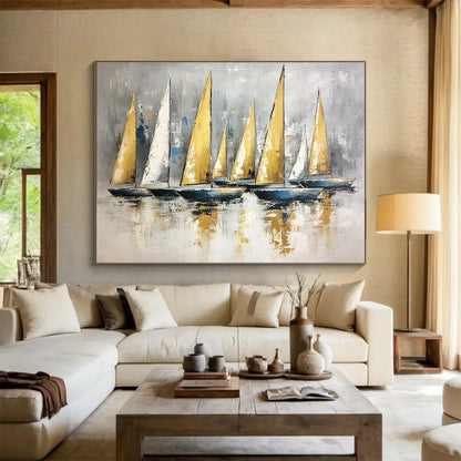 Contemporary Abstract Painting with Gray, Gold and Blue Colors, Sailboat Theme Art WB323