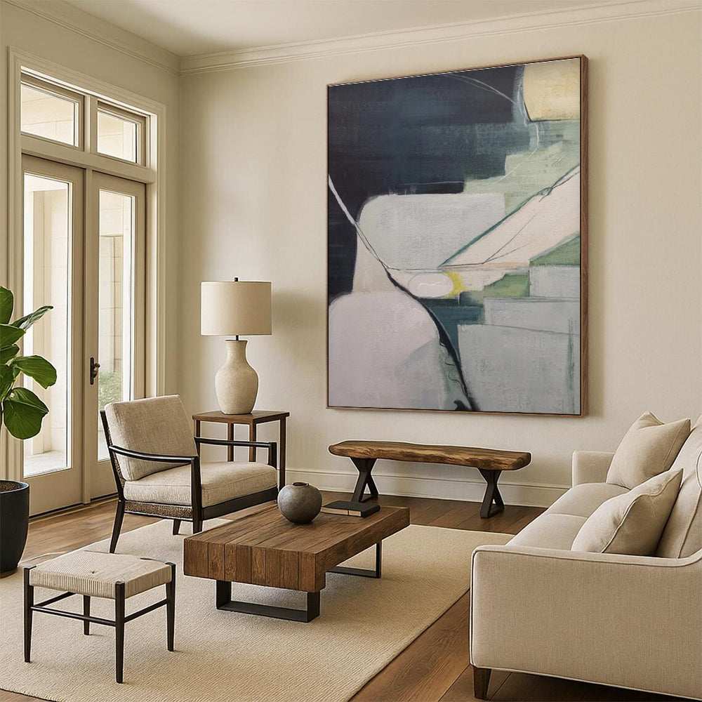 Modern Art Acrylic with Blue, Beige and Brown Colors, Abstract Landscape Theme HS492