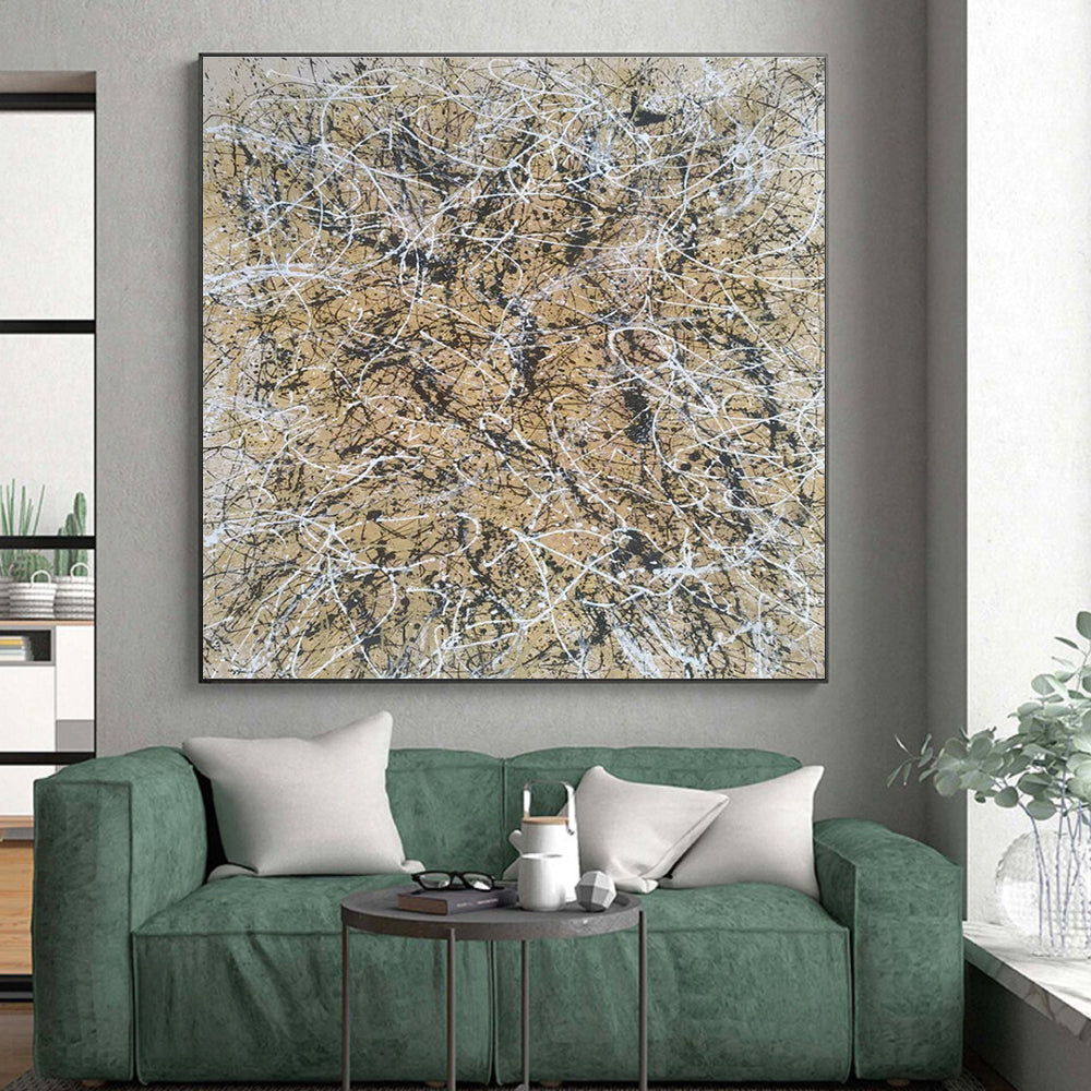Acrylic Modern Art Paintings Beige, Black, and White Splatter Abstract Art HS617