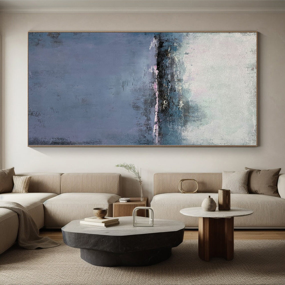 Hand-Painted Blue and Gray Abstract Misty Landscape Painting For Sale HS051