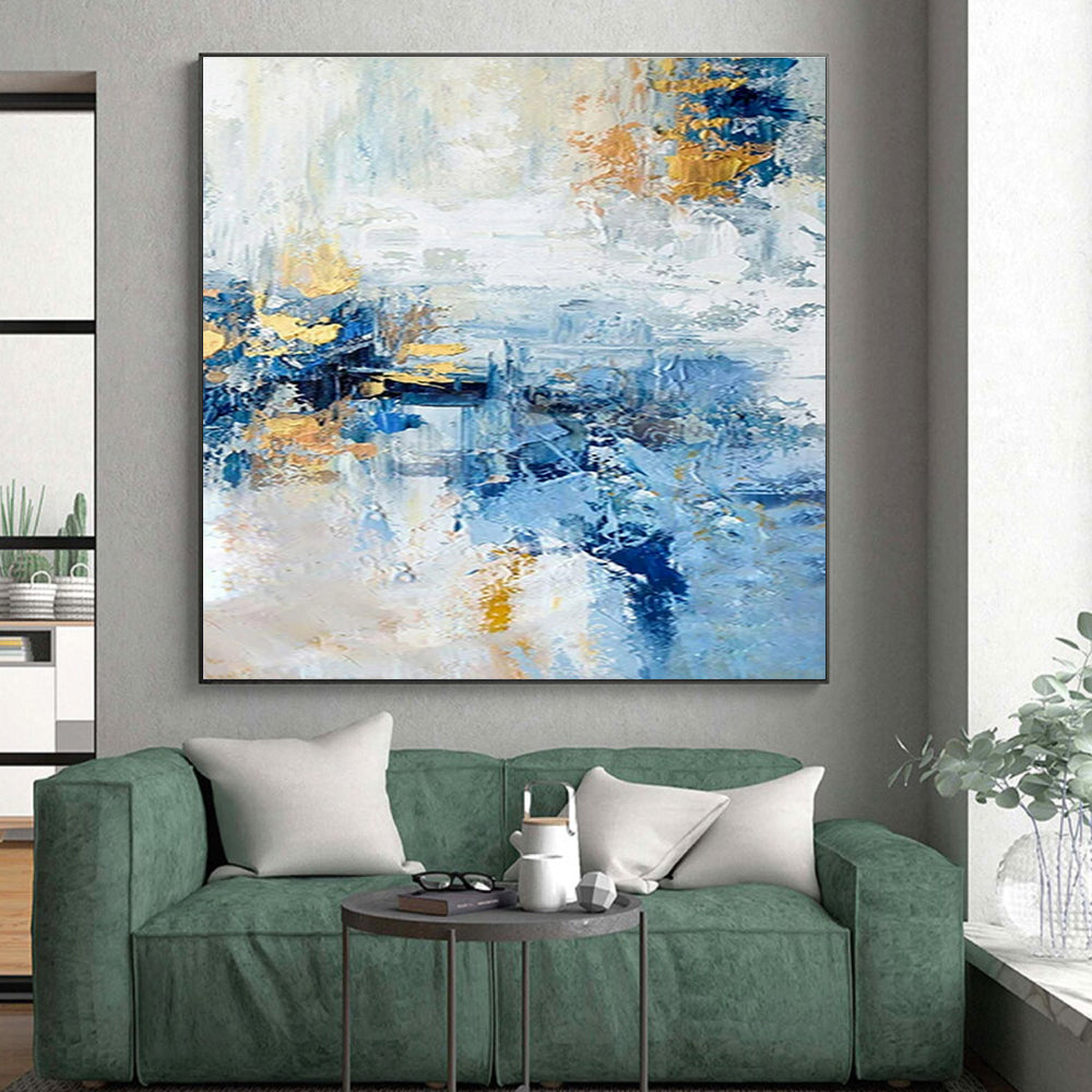 Handmade Art Cool Abstract Paintings with Blue, White, Gold Textured Layers - Acrylic Modern Art Painting HS538