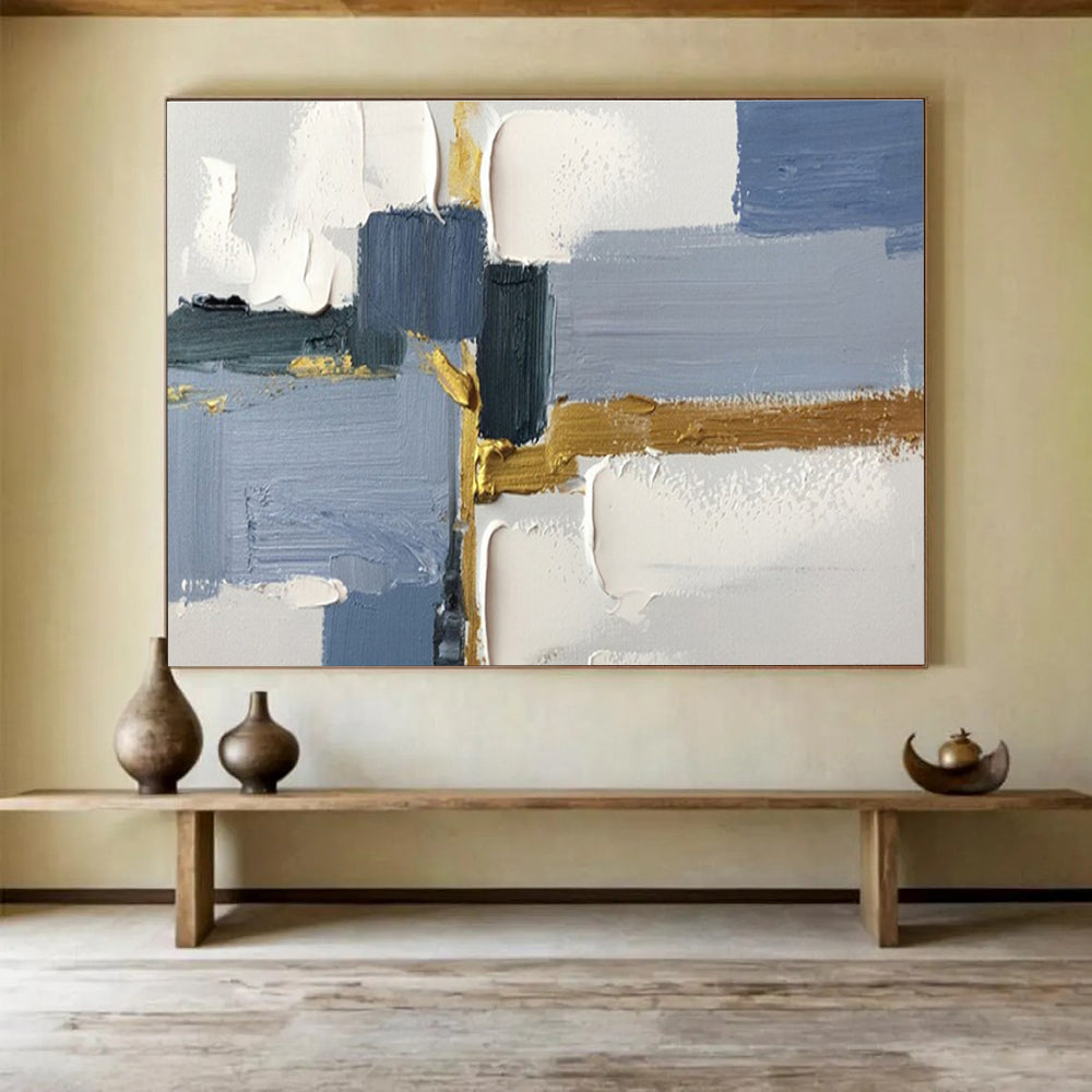 Acrylic Modern Art Paintings: Blue Grey and Gold Geometric Abstract Painting WB354