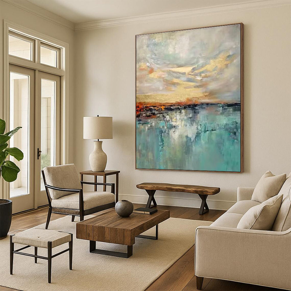 Multicolor Sky and Sea with Golden Accents Abstract Landscape Painting For Sale Online WS466