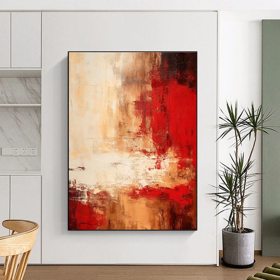 Gaint Canvas Art Red & Beige Textured Abstract, Oversized Abstract Wall Art HS460