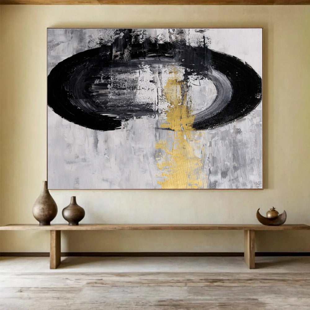 Black, White, Gold Abstract Circular Acrylic Painting WB013