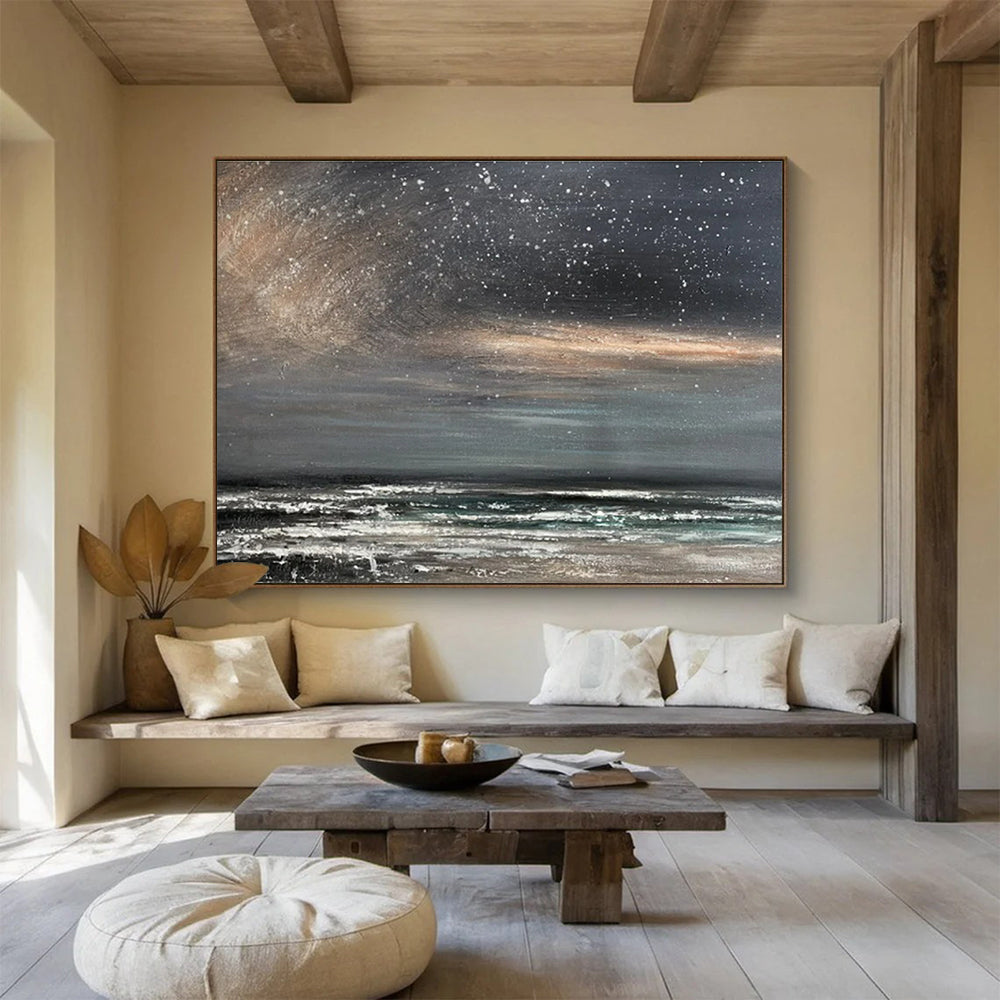 Gray, Black, White Abstract Starry Seascape Art For Sale WB409