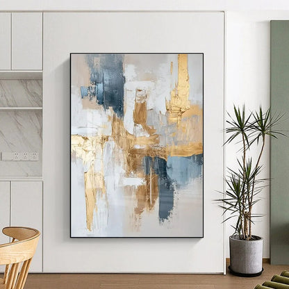 Large Contemporary Wall Art Gold, Blue, and White Textured Abstract Art HS739