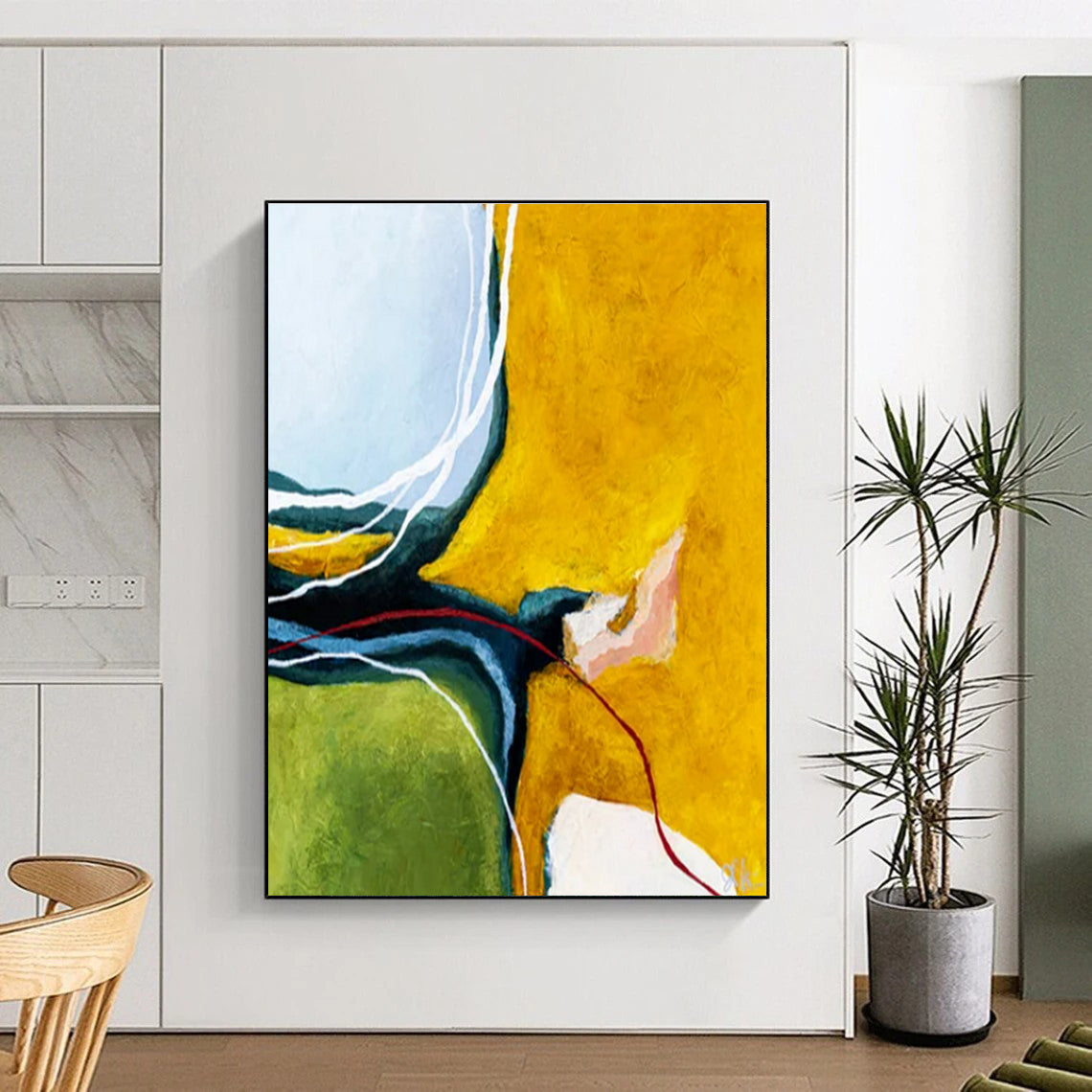 Unique Abstract Art Yellow, Green, and White Dynamic Abstract Painting On Canvas HS823