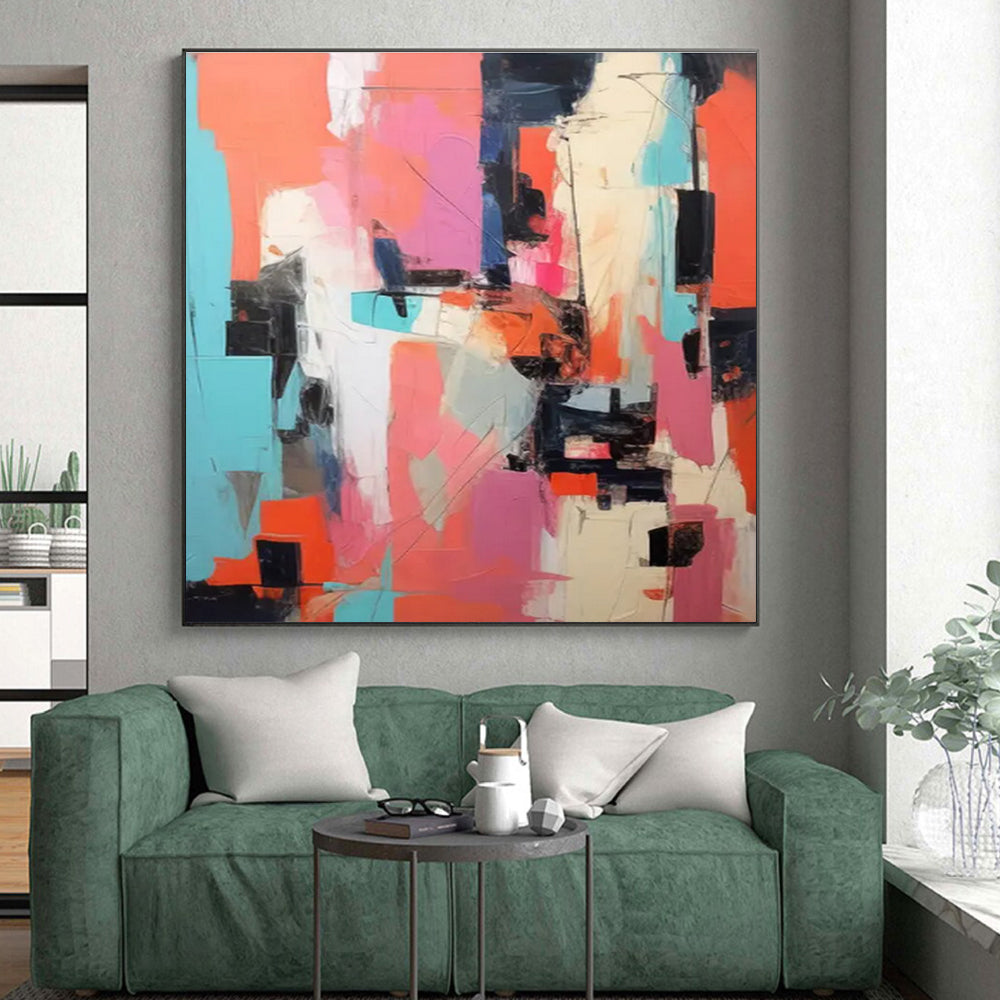 Hand-Painted Coral, Pink & Teal Geometric Abstract, Acrylic Modern Art Painting HS231