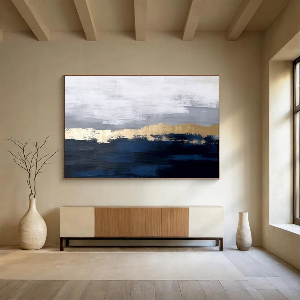 Extra Large Size Blue, Gray and Gold Abstract Landscape Painting WB144