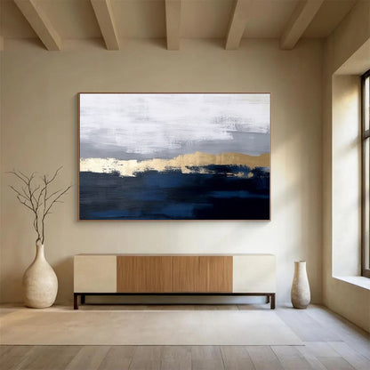 Extra Large Size Blue, Gray and Gold Abstract Landscape Painting WB144