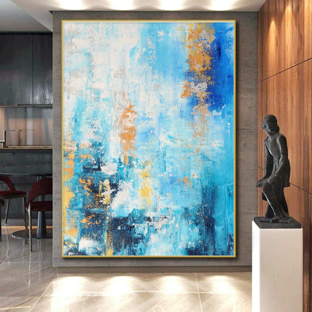 Hand-Painted Blue, Gold & White Textured Abstract, Acrylic Modern Art Painting HS281