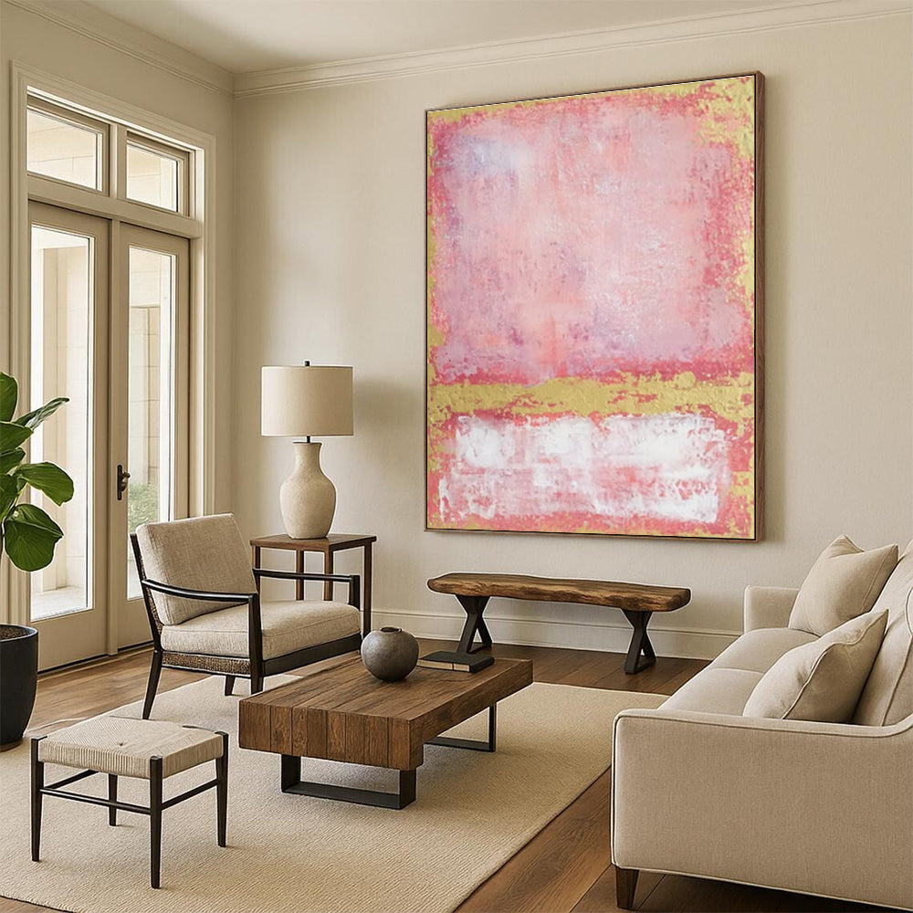 Pink, Gold, and White Abstract Color Block Painting For Sale WS514