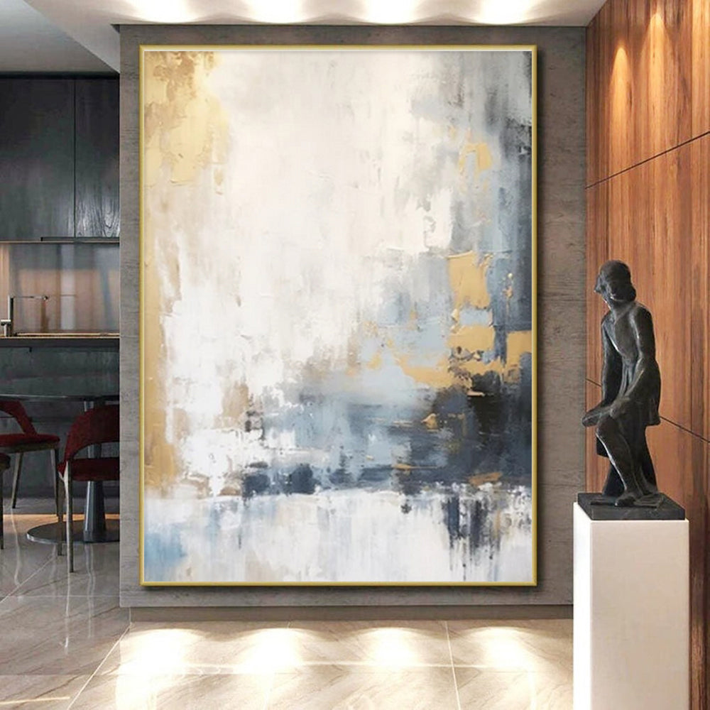 Unique Abstract Art Gray, Gold, and White Textured Abstract Art HS753