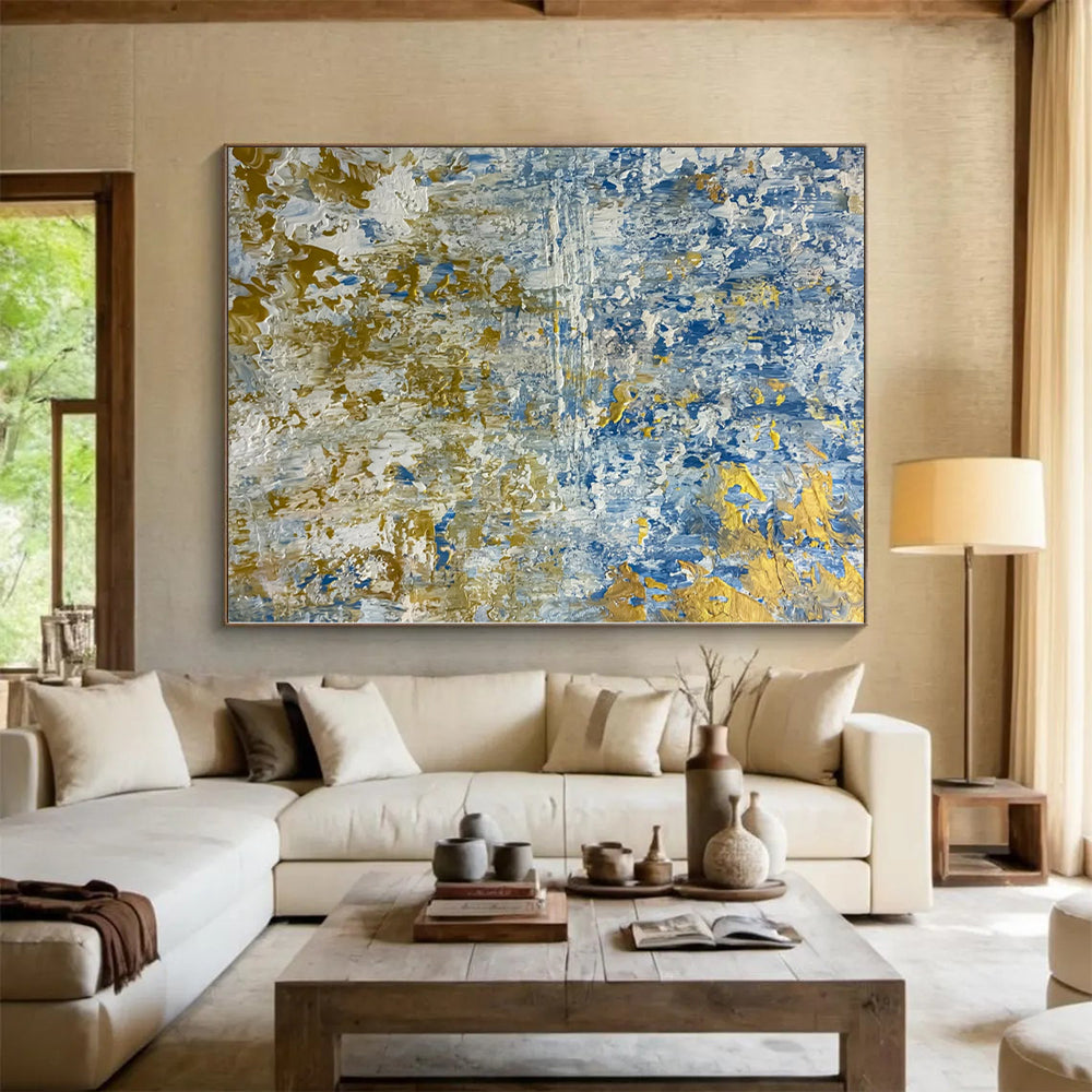 Hand Painted Art Blue, White, and Gold Abstract Textured Seaside Painting For Sale HS108