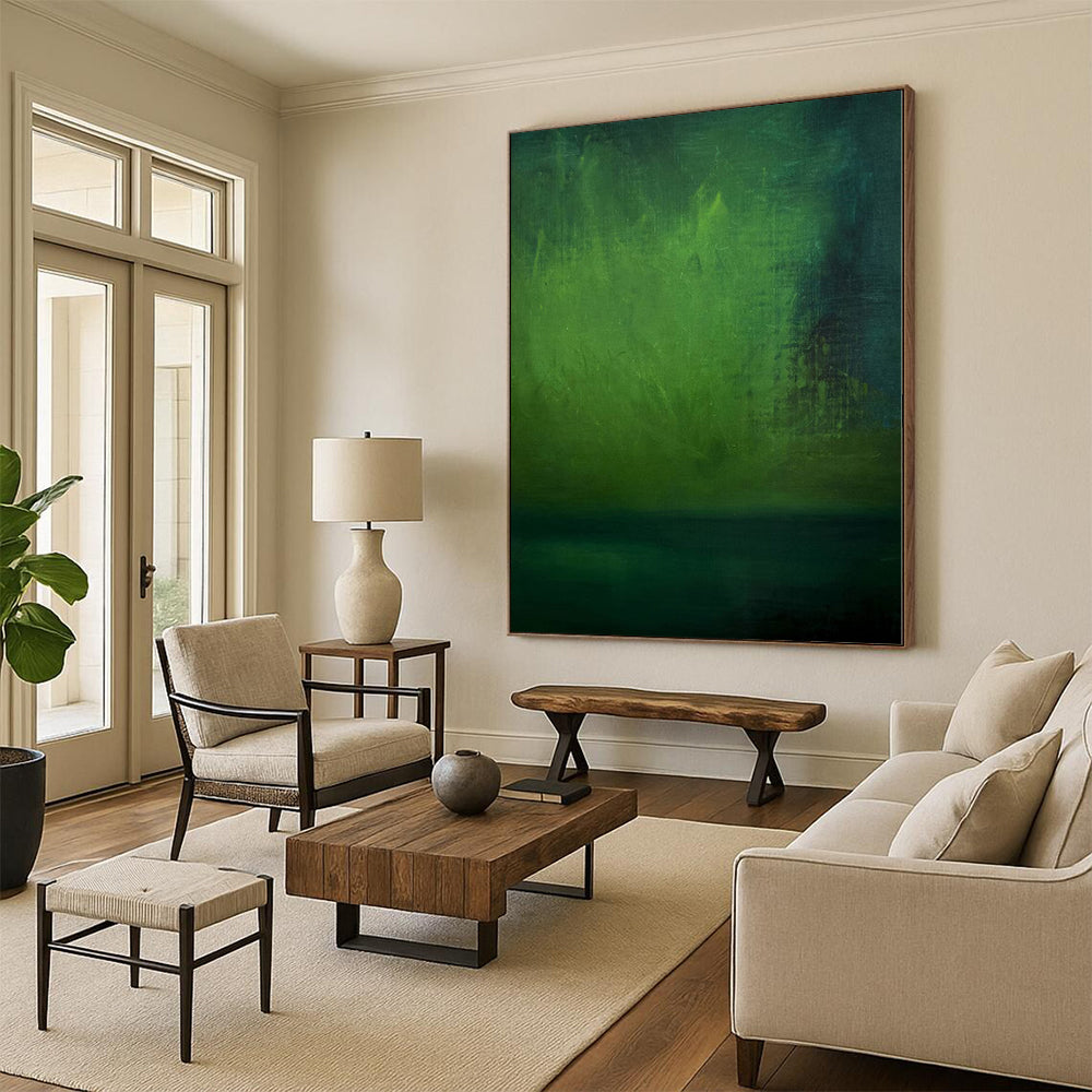 Hand-Painted Green Abstract Misty Landscape Painting For Sale HS042