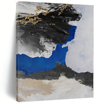 Hand-Painted Black, White, Blue, and Gold Abstract Textured Painting For Sale HS052