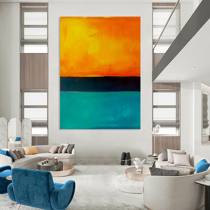 Orange, Teal, and Black Abstract Sunset Seaside Painting For Sale WS498