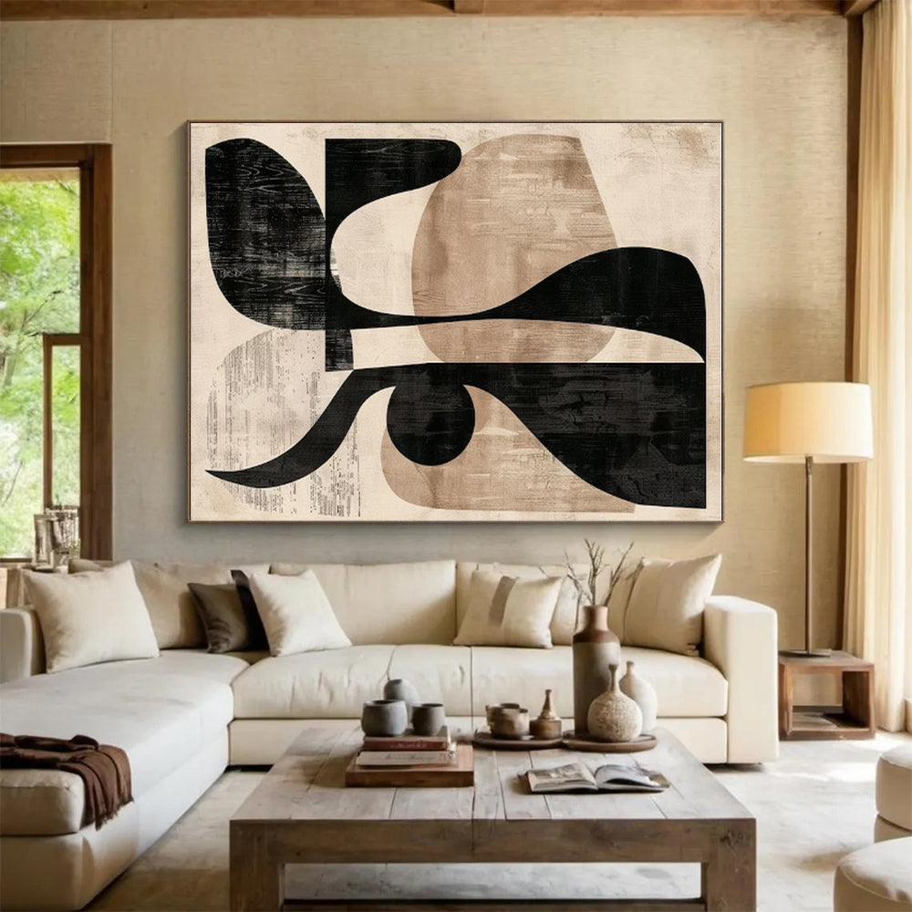 Unique Abstract Art Black & Beige Geometric Abstract, Large Contemporary Wall Art HS433