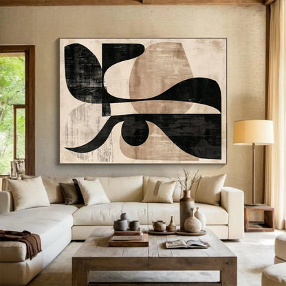 Unique Abstract Art Black & Beige Geometric Abstract, Large Contemporary Wall Art HS433