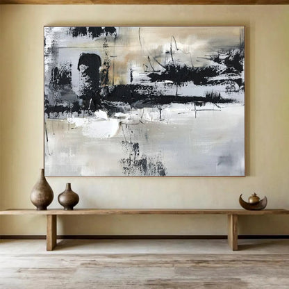 Hand Painted Art: Black White and Beige Textured Abstract Painting WB356