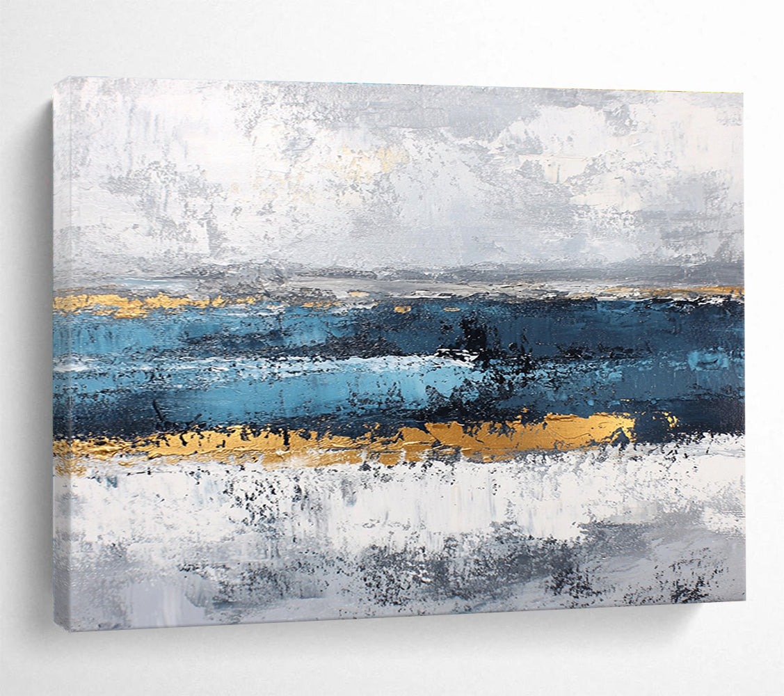 Horizontal Blue, Gray, and Gold Textured Abstract Art WB265