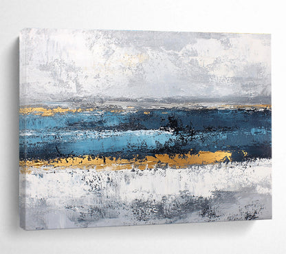 Horizontal Blue, Gray, and Gold Textured Abstract Art WB265