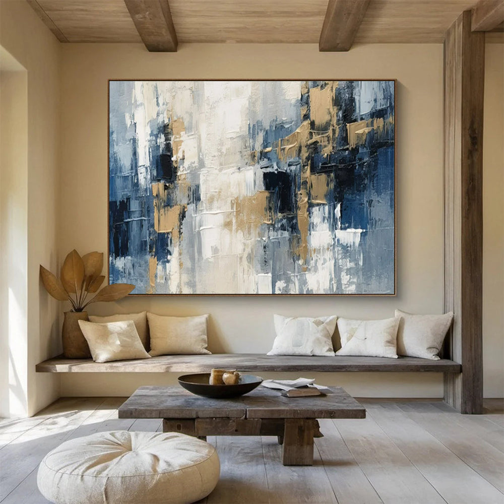 Blue, Gray, Beige Abstract Textured Cityscape Art For Sale WB395