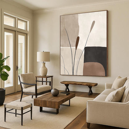 Handmade Art Beige, Brown, and Black Abstract Nature Painting For Sale HS135