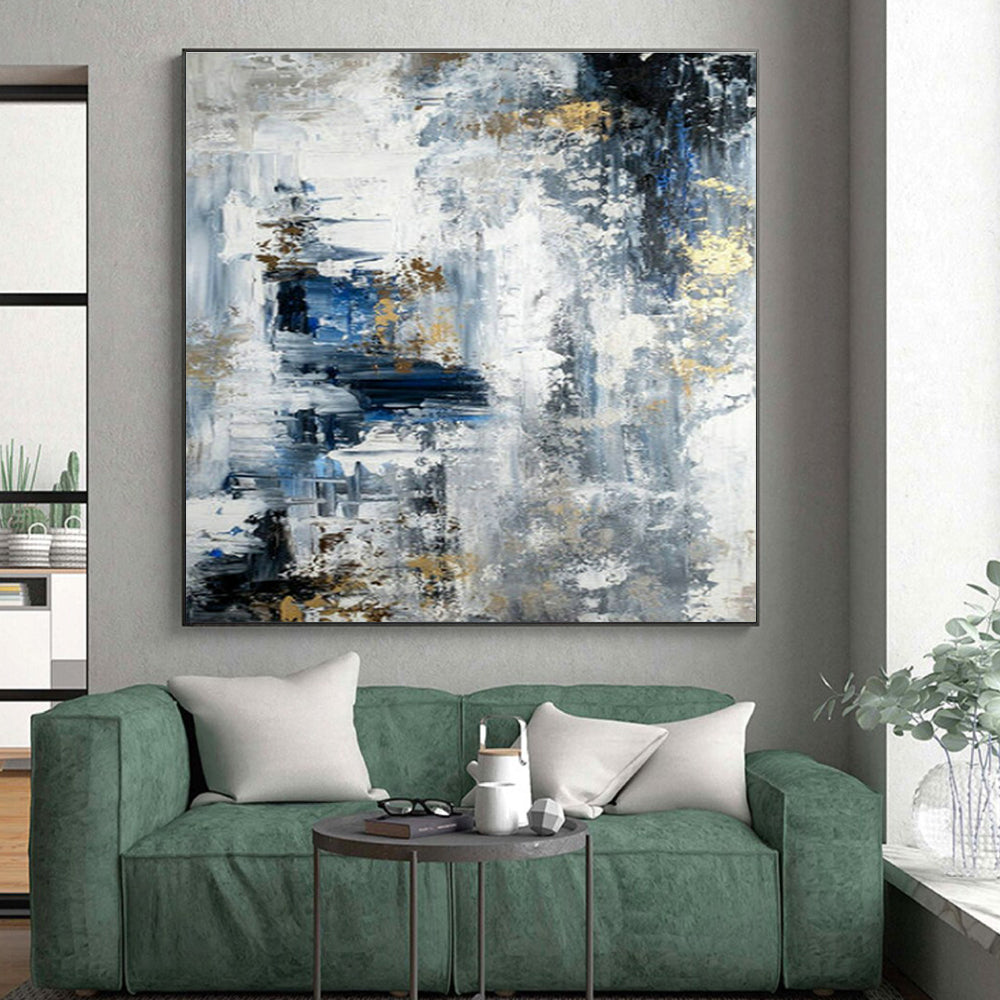 Hand Painted Art Gray, Blue, and Gold Textured Abstract Art HS770