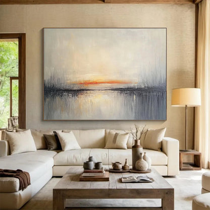 Big Size Gray, Orange, and White Abstract Sunset Over Water - Acrylic Painting WB272