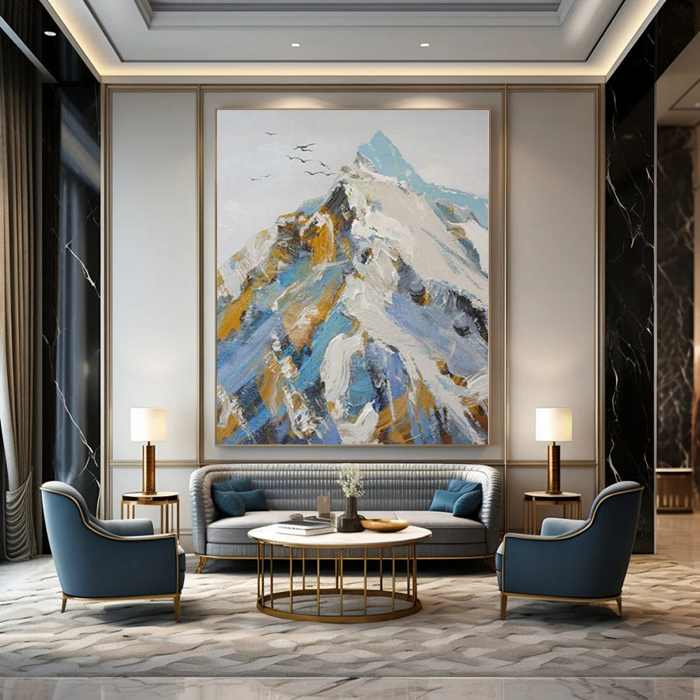 Blue, Gold, White Abstract Mountain Art For Living Room and Study WS417