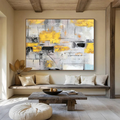 Huge Size Yellow, Gray and Black Abstract Geometric Painting WB074
