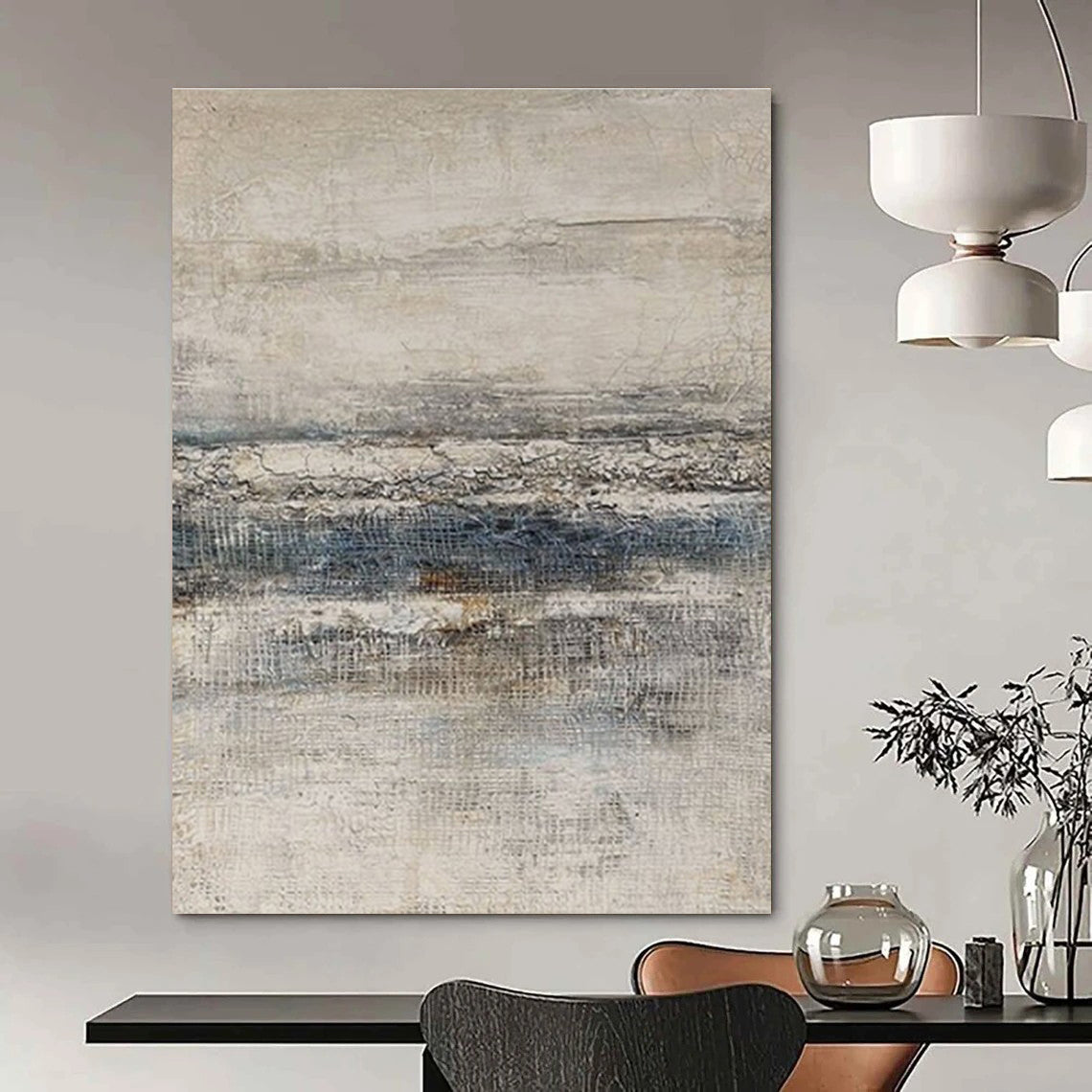 Beige, Gray, and Blue Textured Abstract Seaside Painting For Sale Online WS488