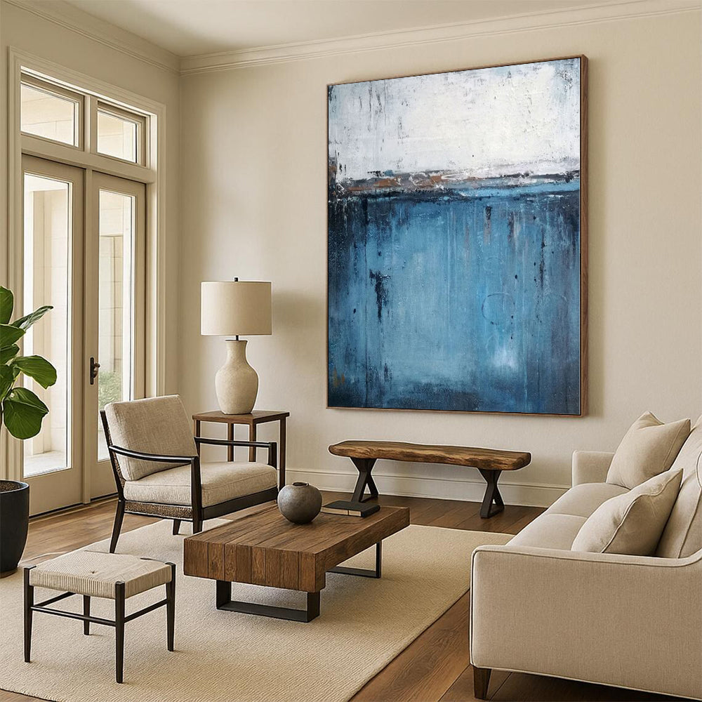Large Size Blue and White Abstract Dripping Seaside Painting For Sale HS094