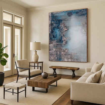 Unique Abstract Art Blue & Gray Textured Abstract, Large Contemporary Wall Art HS282