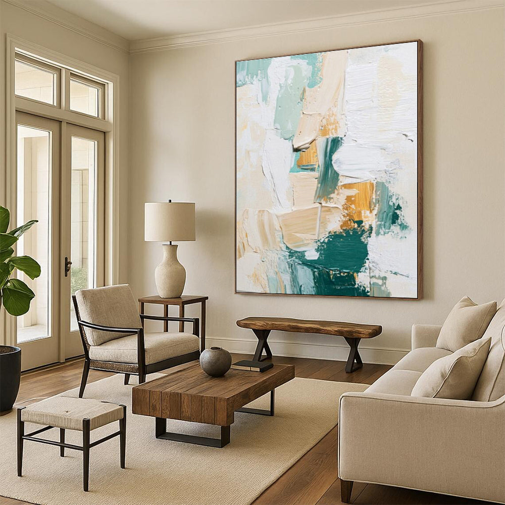 Acrylic Modern Art Paintings Teal, Beige, and Gold Textured Abstract Art HS742