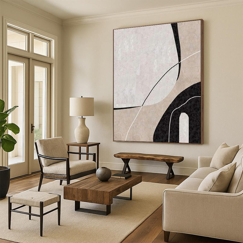 Minimalist Canvas Art Black, Beige, and White Organic Abstract Art HS681
