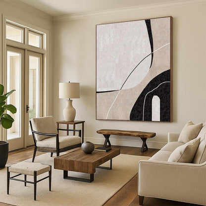 Minimalist Canvas Art Black, Beige, and White Organic Abstract Art HS681