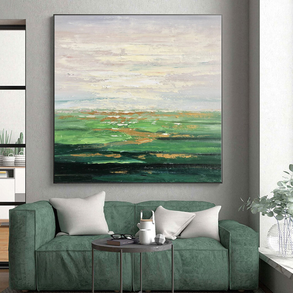 Hand-Painted Green and Gold Abstract Landscape Painting For Sale HS067