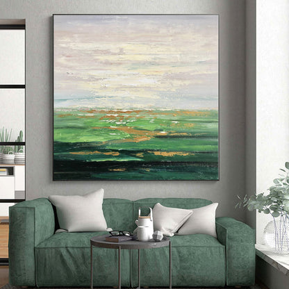 Hand-Painted Green and Gold Abstract Landscape Painting For Sale HS067