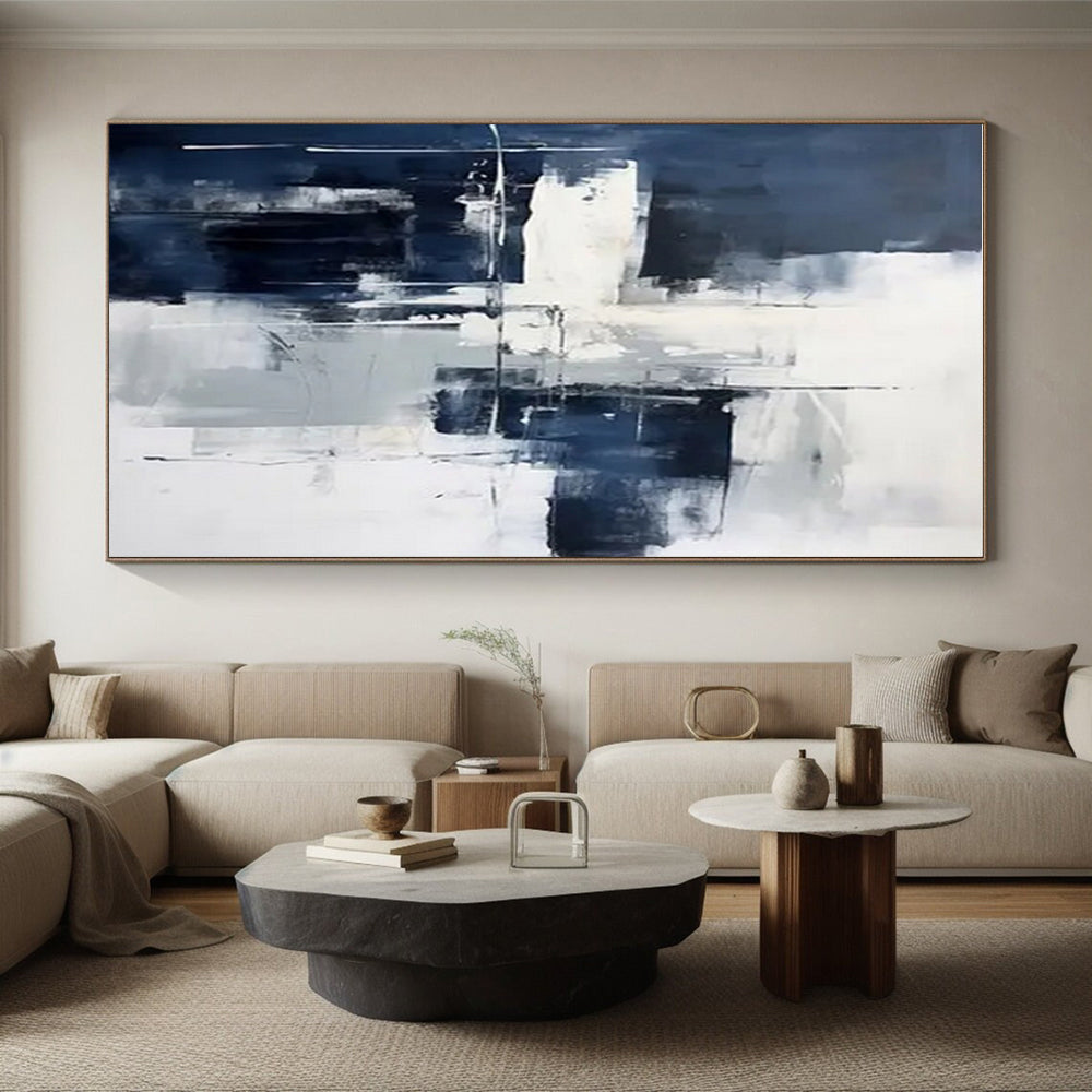 Hand Painted Art Navy, White, and Gray Abstract Composition HS591