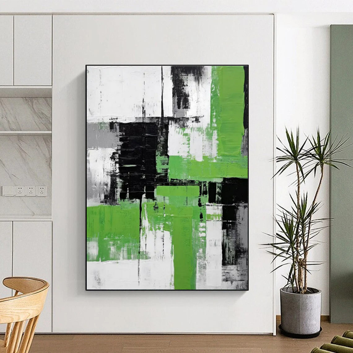 Acrylic Modern Art Paintings Green, Black, and White Geometric Abstract Painting On Canvas HS796