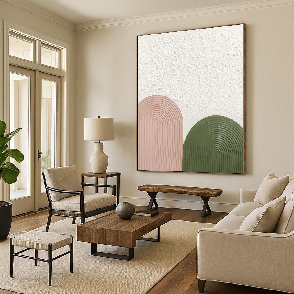 Hand-Painted Pink, Green, and White Abstract Curved Shape Textured Painting For Sale HS036