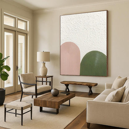 Hand-Painted Pink, Green, and White Abstract Curved Shape Textured Painting For Sale HS036