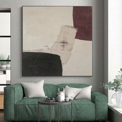 Hand-Painted Black, Beige, and Maroon Abstract Shape Painting For Sale HS025