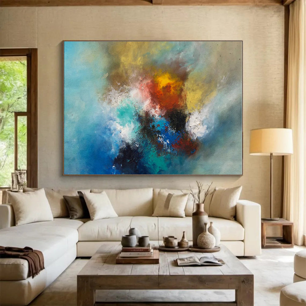 Blue, Yellow, Red, Teal Abstract Energetic Blend Painting, Abstract Acrylic Art WB002