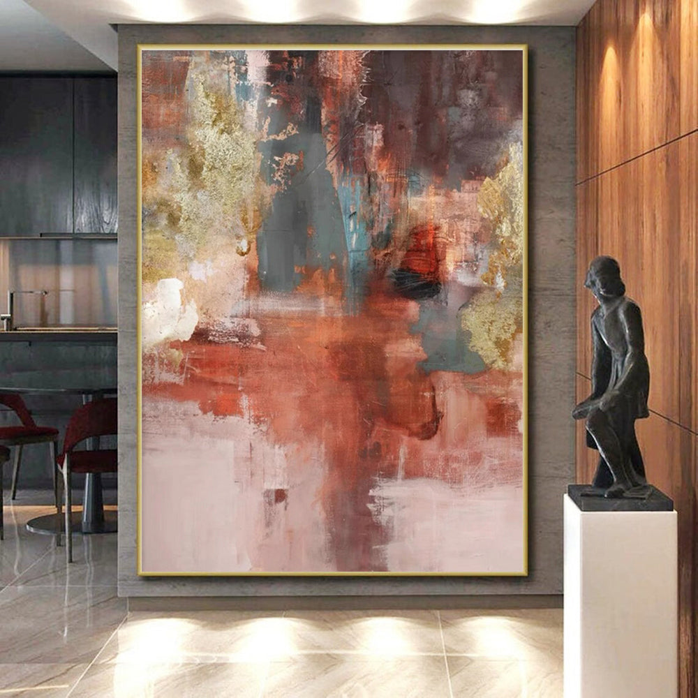 Large Contemporary Wall Art with Red, Gray, Gold, Beige - Unique Abstract Art for Living Room HS508