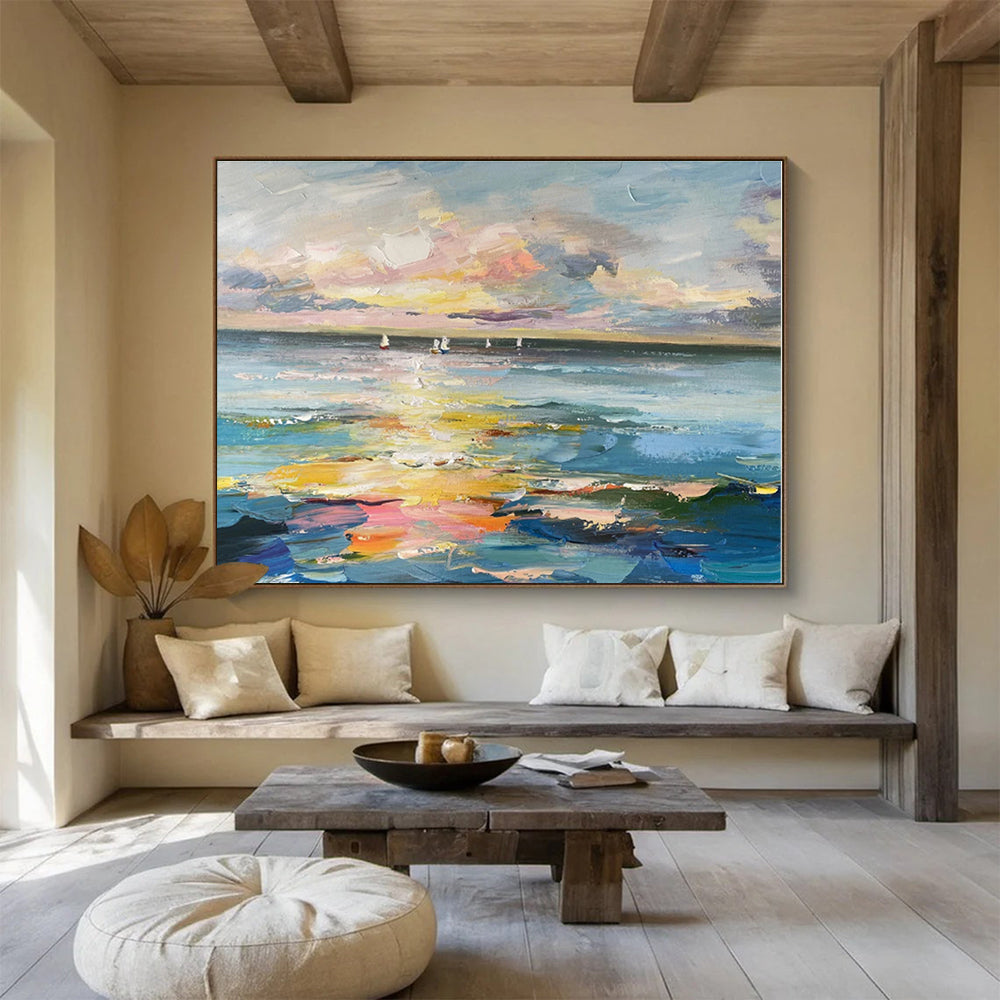 Blue, Pink, Yellow Abstract Seascape with Sailboats Acrylic Painting WB040