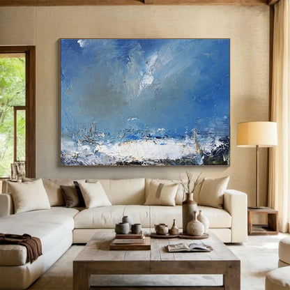 Huge Size Blue, White, and Multicolor Abstract Stormy Sea, Abstract Oil Painting WB186